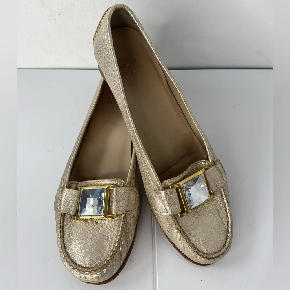Stuart Weiztman Gold Metallic Womens Loafers w Decorative Crystal Hardware